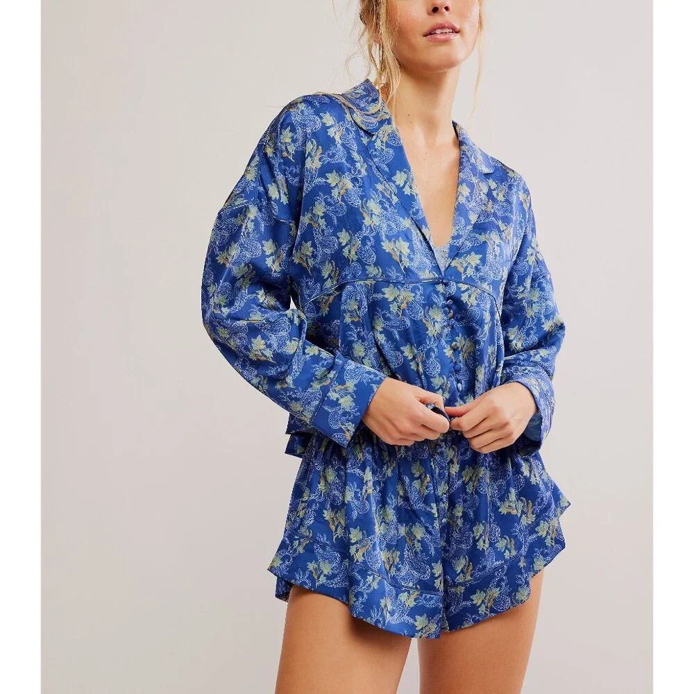 Free People Blue Floral Satin Pajama Set